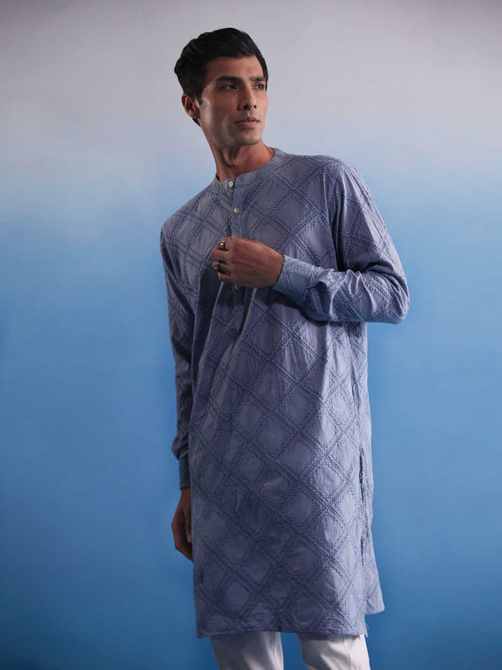 Men's Aqua Blue Hakooba Cotton Kurta