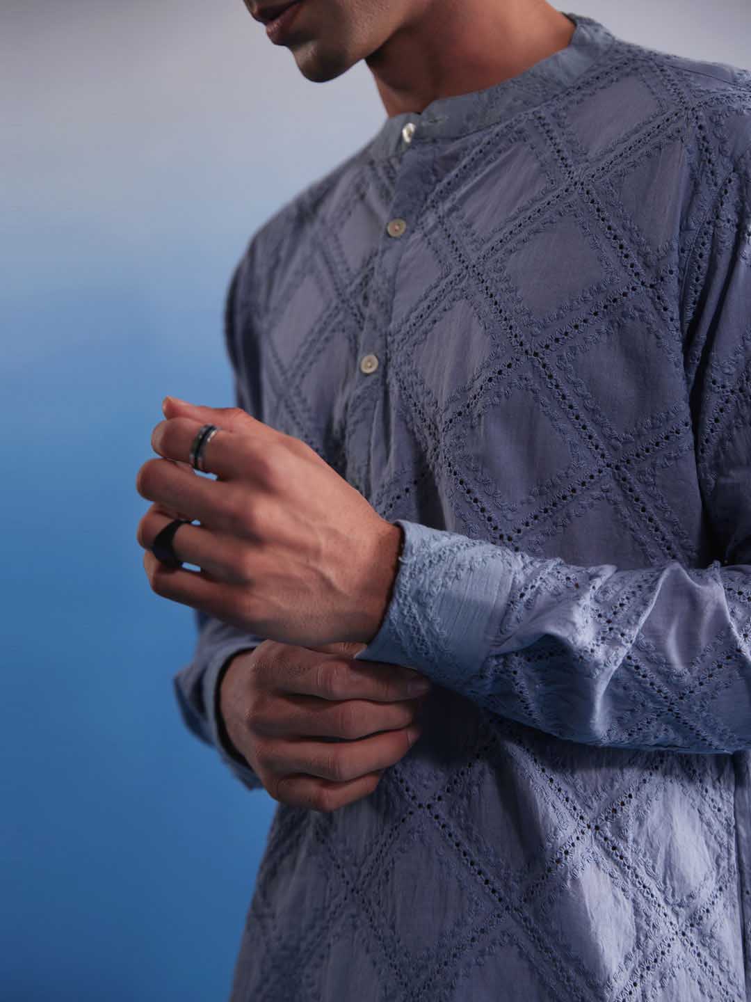 Men's Aqua Blue Hakooba Cotton Kurta