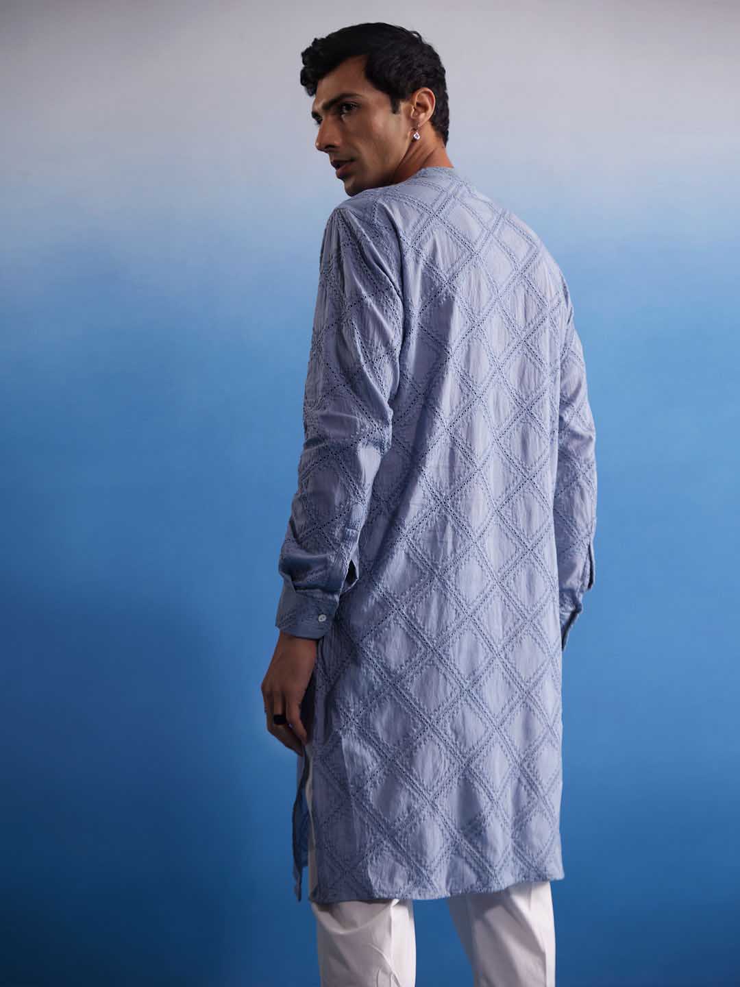 Sarvati Men's Aqua Blue Hakooba Cotton Kurta With White Pant