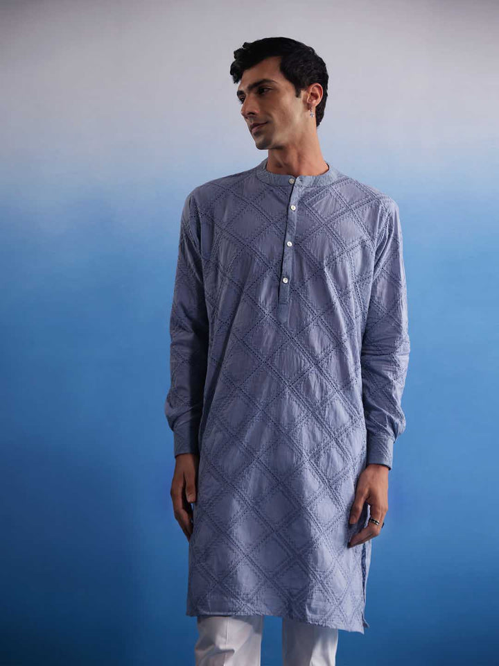 Sarvati Men's Aqua Blue Hakooba Cotton Kurta With White Pant