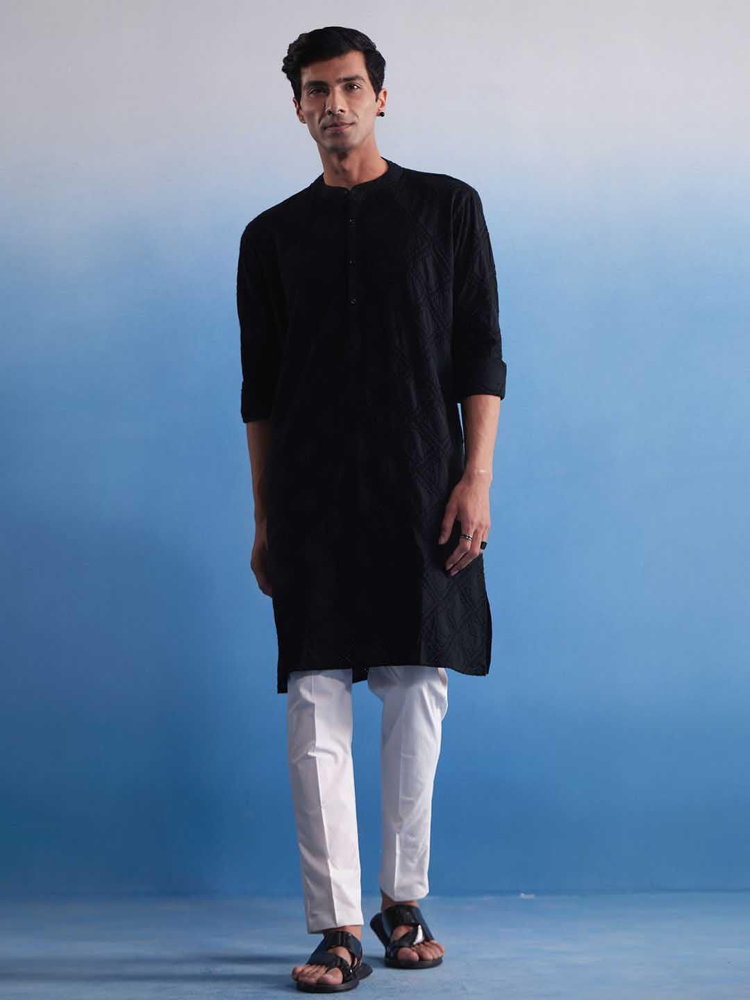 Sarvati Men's Black Hakooba Cotton Kurta With White Pant