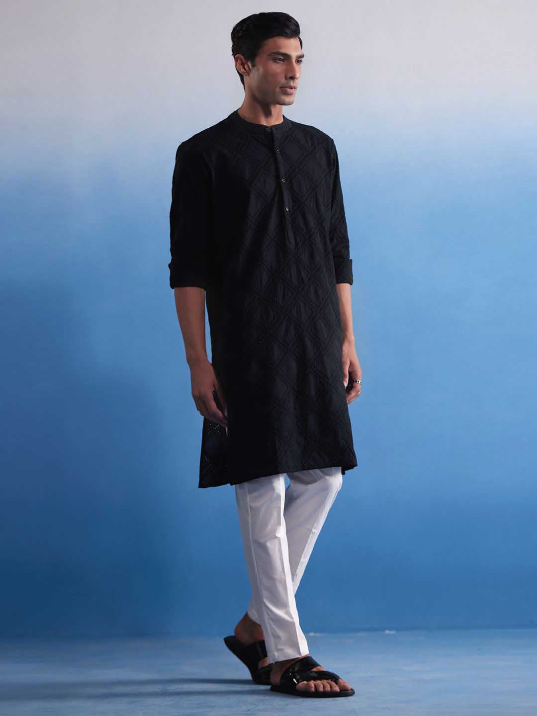 Sarvati Men's Black Hakooba Cotton Kurta With White Pant