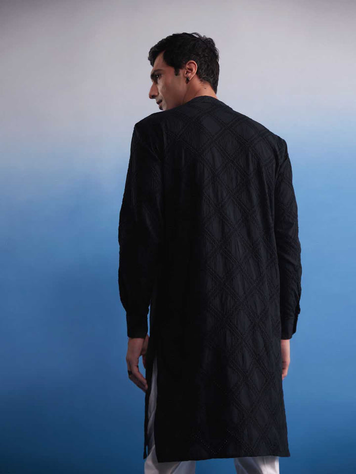 Sarvati Men's Black Hakooba Cotton Kurta With White Pant