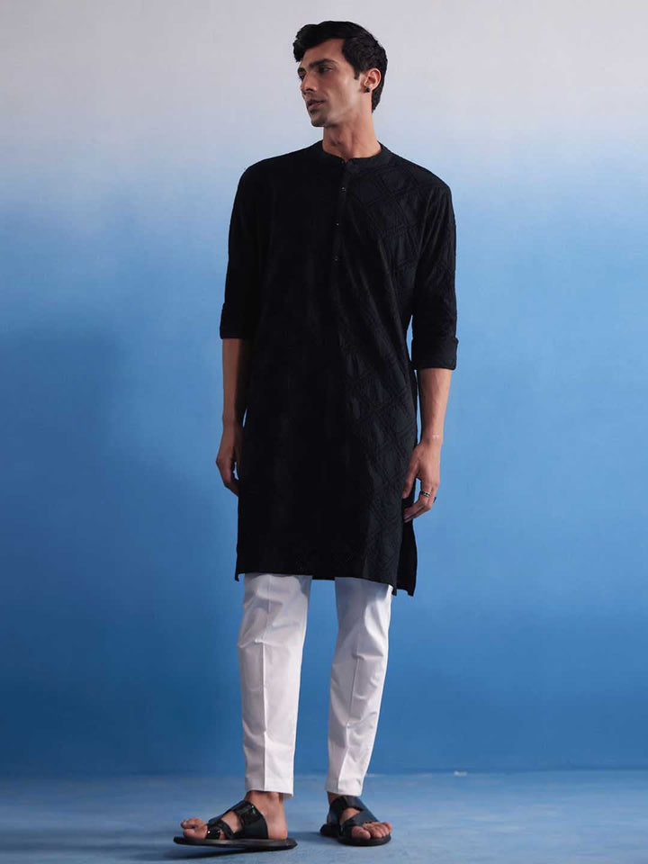 Sarvati Men's Black Hakooba Cotton Kurta With White Pant