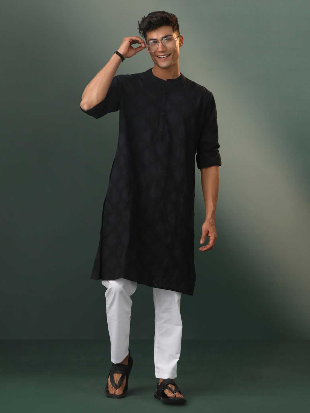 Sarvati Men's Black Hakooba Cotton Kurta With White Pant