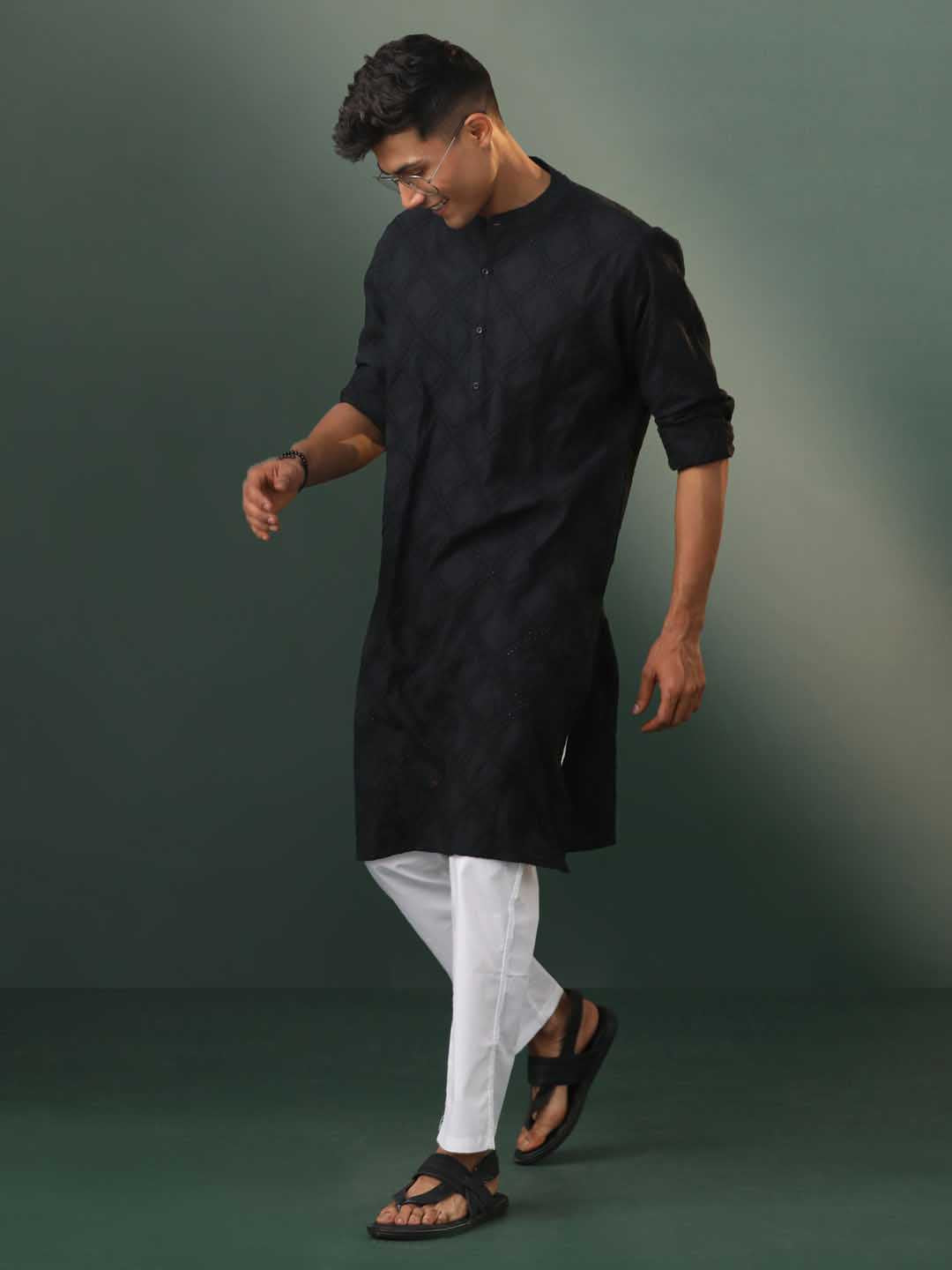 Sarvati Men's Black Hakooba Cotton Kurta With White Pant