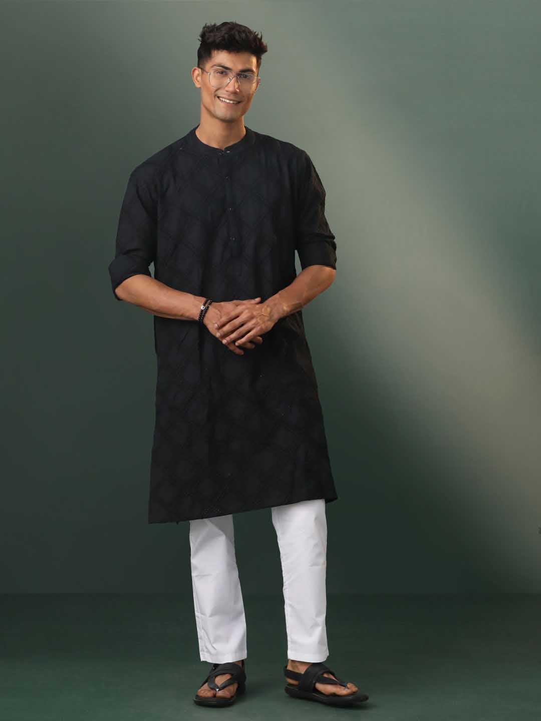 Sarvati Men's Black Hakooba Cotton Kurta With White Pant