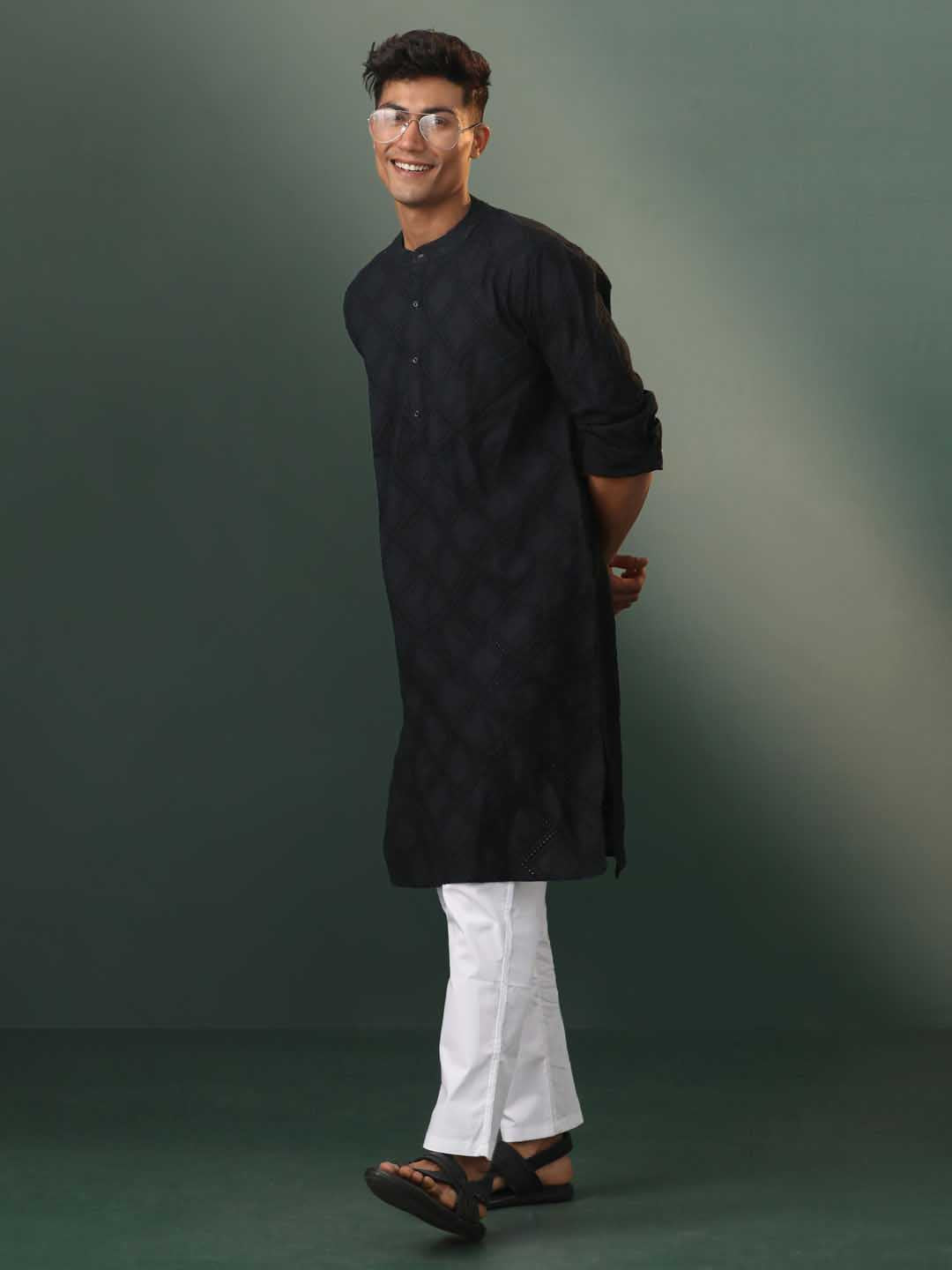 Sarvati Men's Black Hakooba Cotton Kurta With White Pant