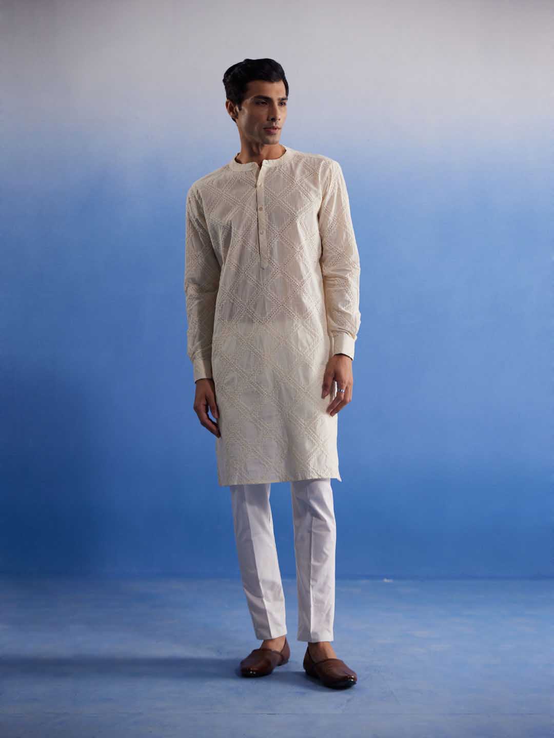 Sarvati Men's Cream Hakooba Cotton Kurta With White Pant