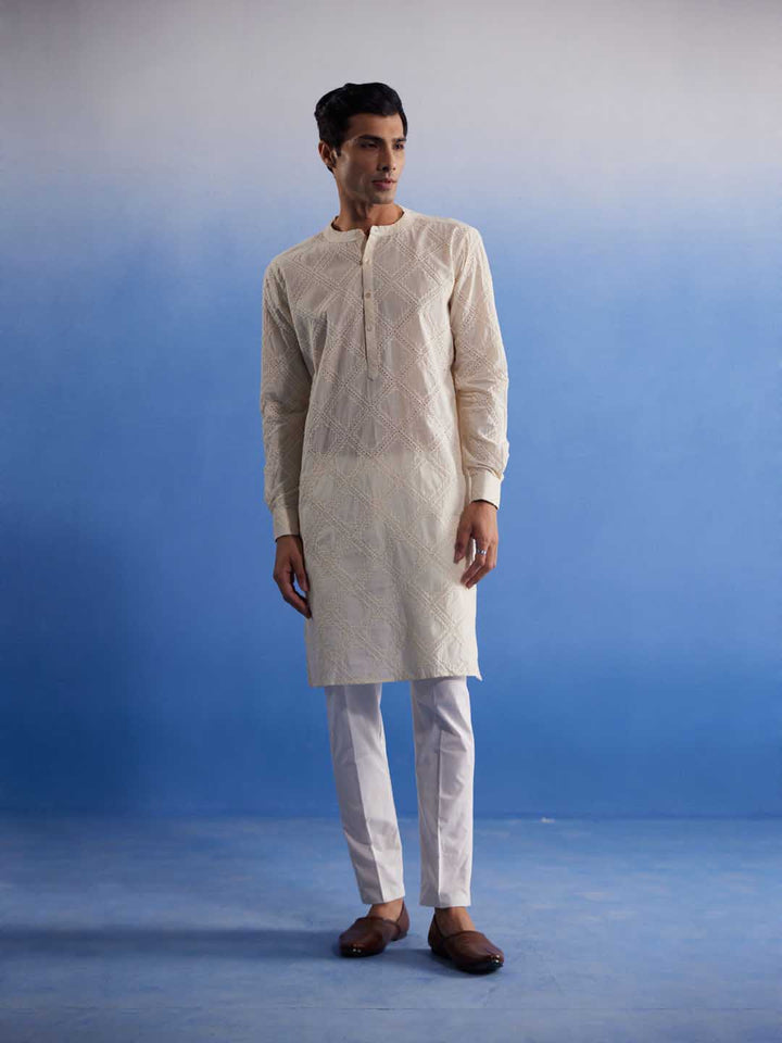 Sarvati Men's Cream Hakooba Cotton Kurta With White Pant