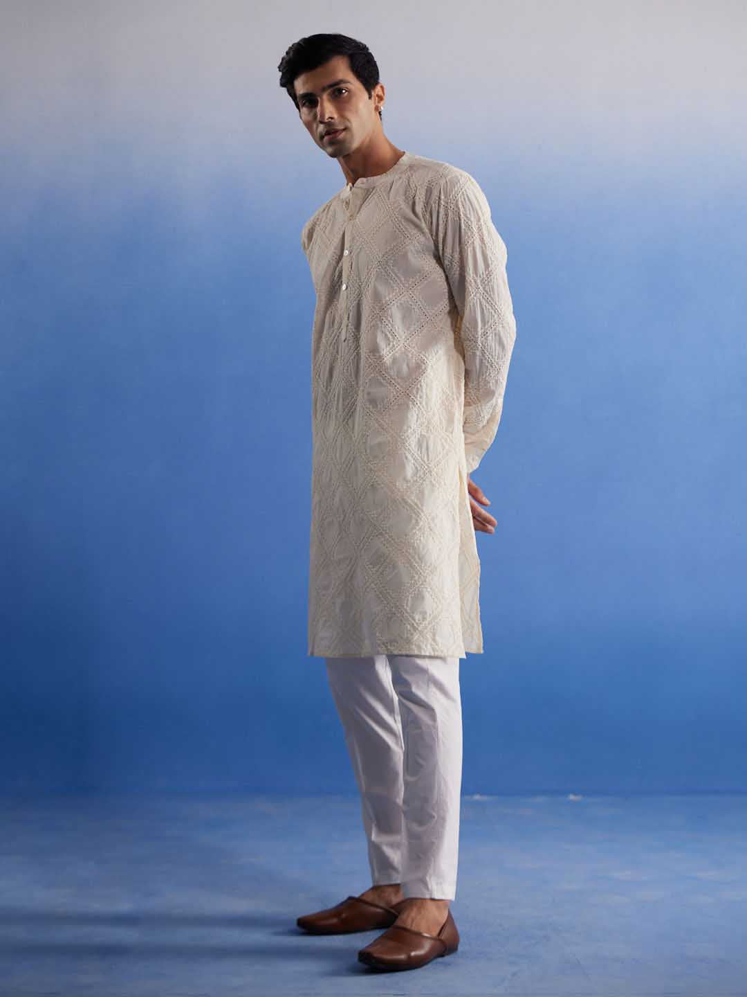 Sarvati Men's Cream Hakooba Cotton Kurta With White Pant