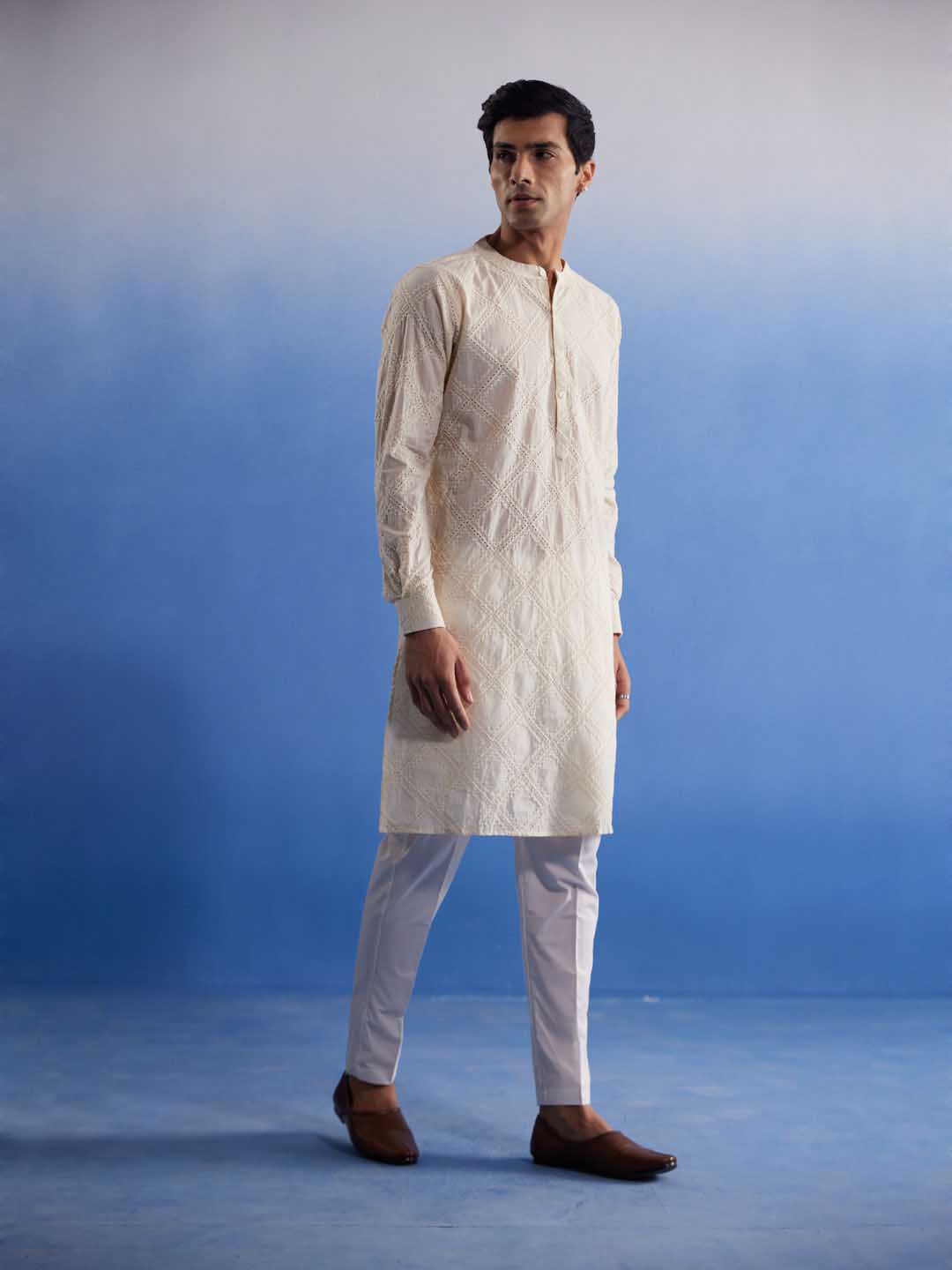 Sarvati Men's Cream Hakooba Cotton Kurta With White Pant