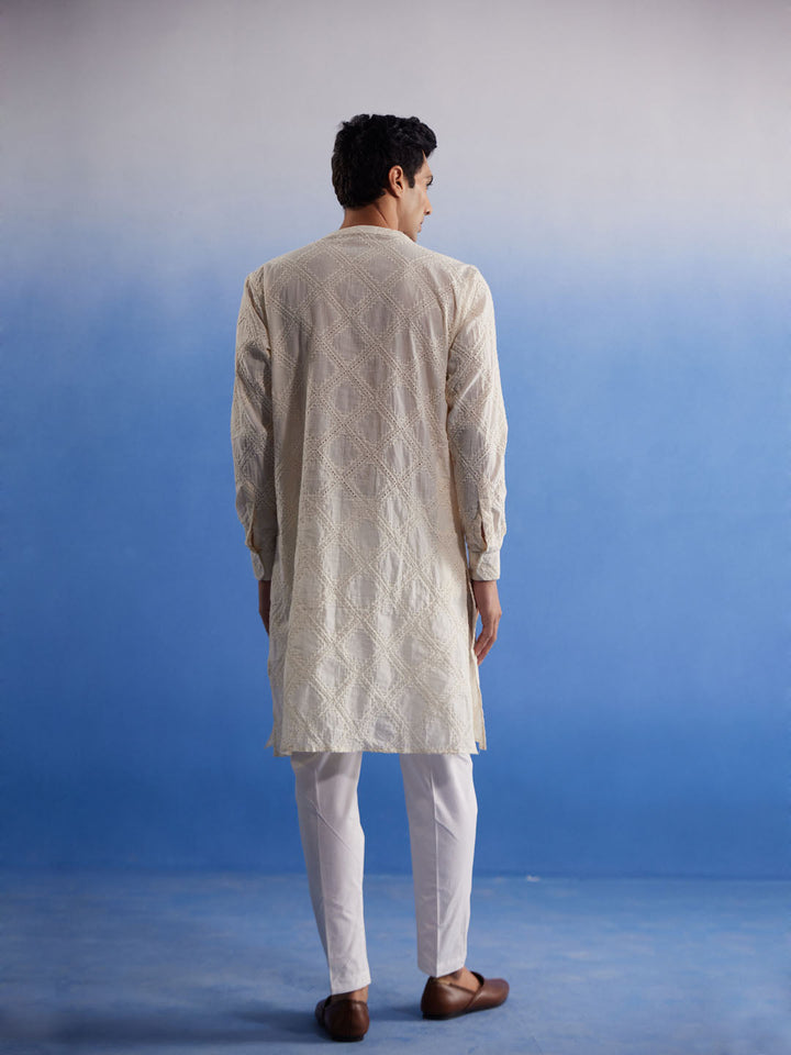 Sarvati Men's Cream Hakooba Cotton Kurta With White Pant