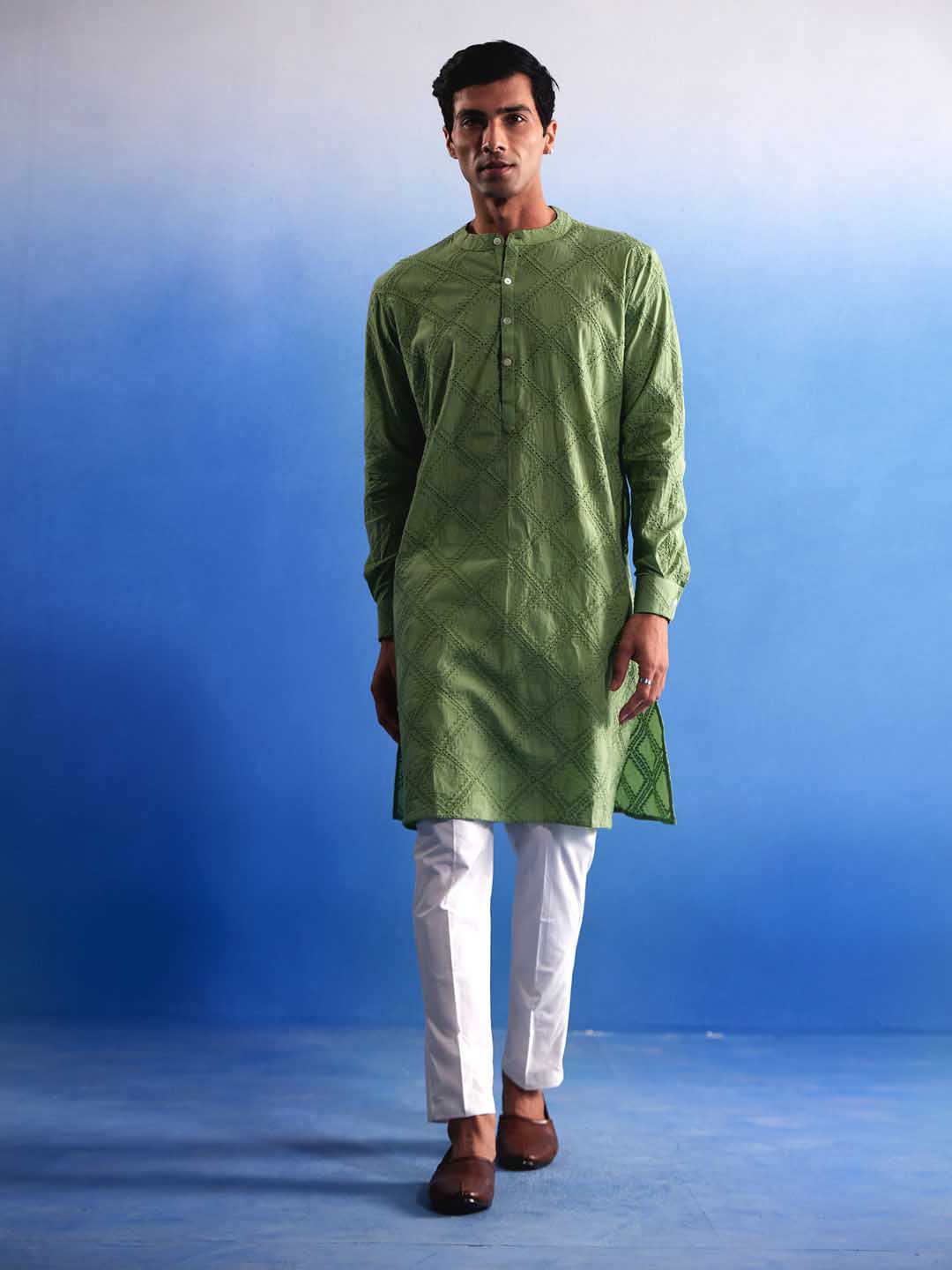 Sarvati Men's Green Hakooba Cotton Kurta With White Pant