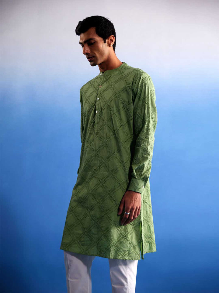 Sarvati Men's Green Hakooba Cotton Kurta With White Pant