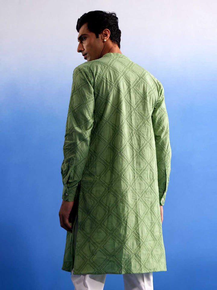 Sarvati Men's Green Hakooba Cotton Kurta With White Pant