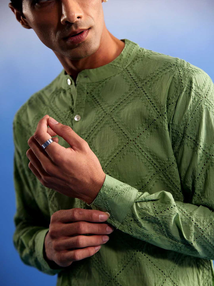 Sarvati Men's Green Hakooba Cotton Kurta With White Pant