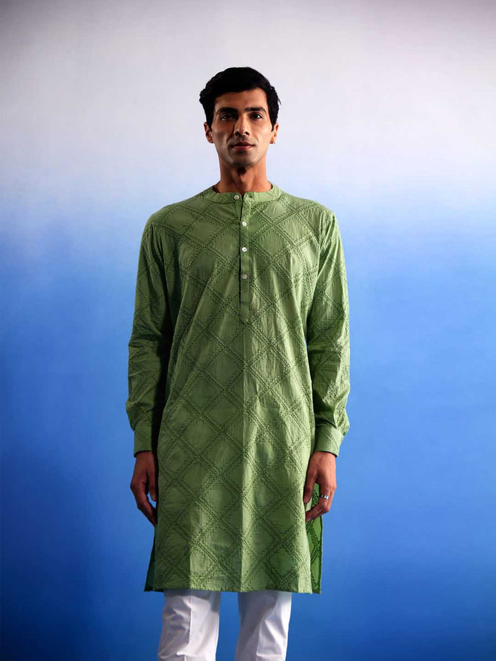 Sarvati Men's Green Hakooba Cotton Kurta With White Pant