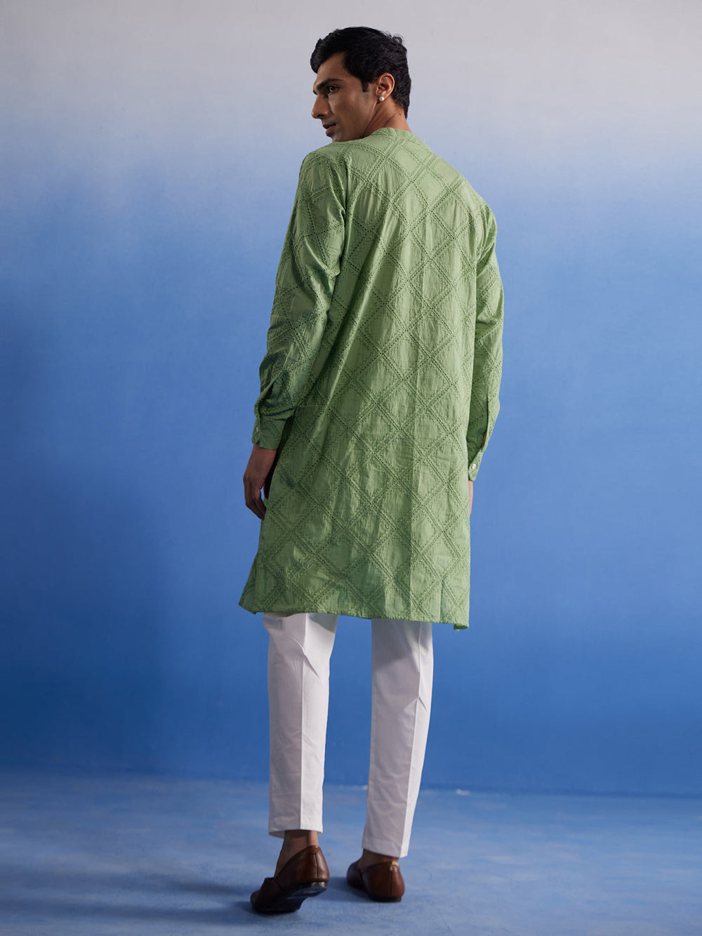 Sarvati Men's Green Hakooba Cotton Kurta With White Pant