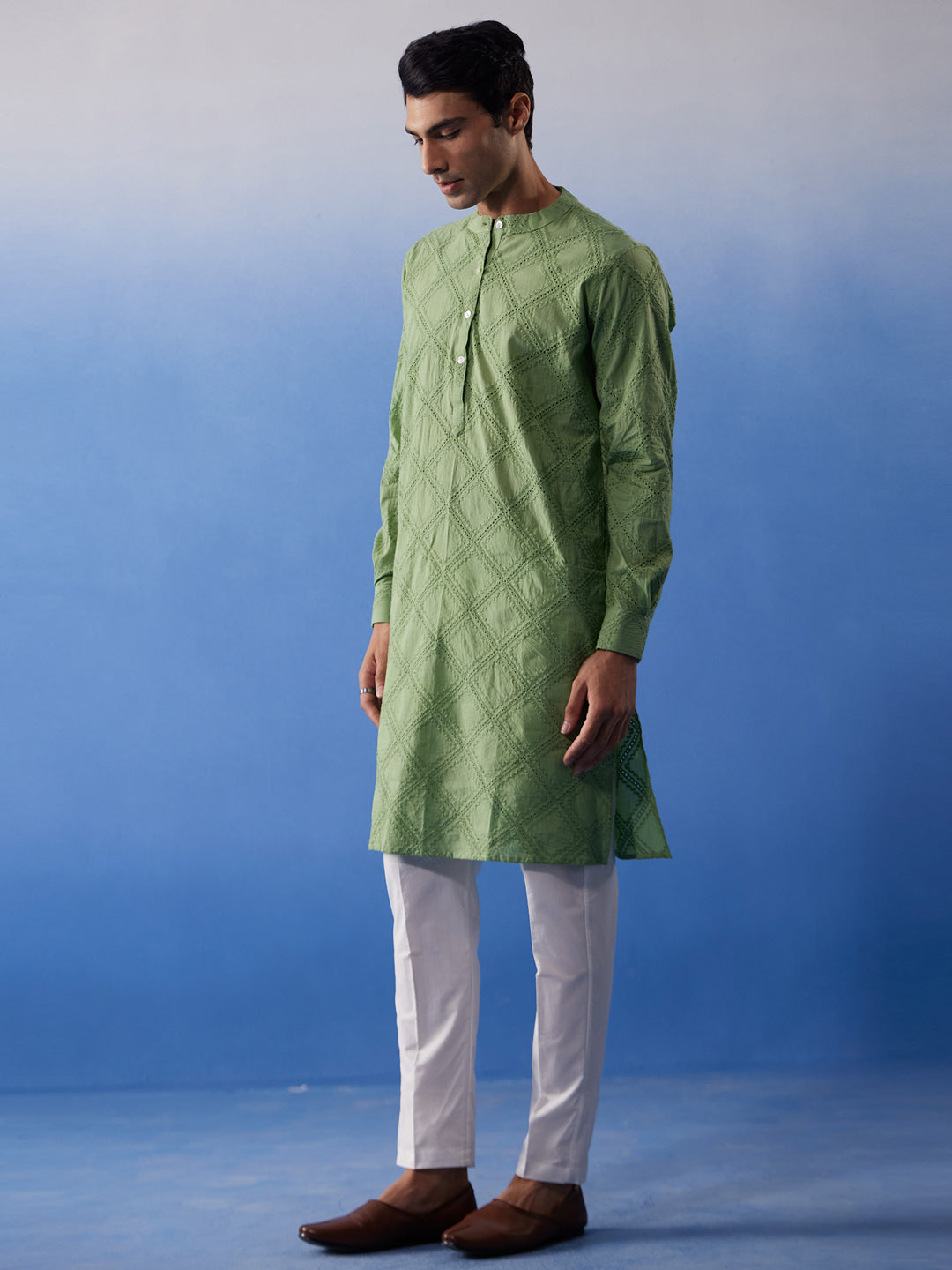 Sarvati Men's Green Hakooba Cotton Kurta With White Pant