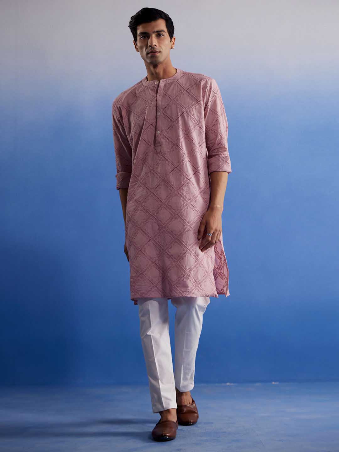 Sarvati Men's Pink Hakooba Cotton Kurta With White Pant