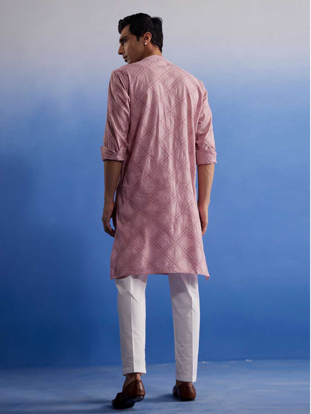 Sarvati Men's Pink Hakooba Cotton Kurta With White Pant