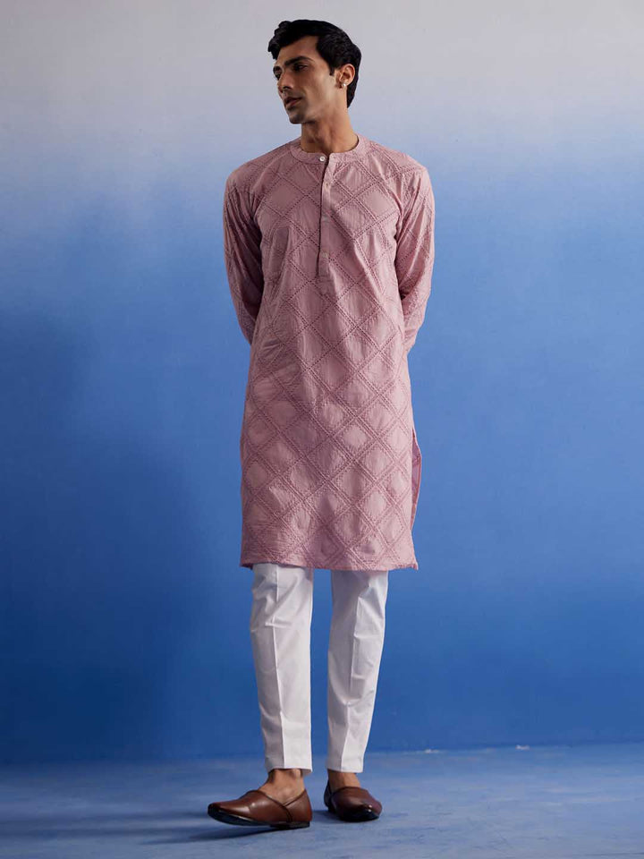 Sarvati Men's Pink Hakooba Cotton Kurta With White Pant