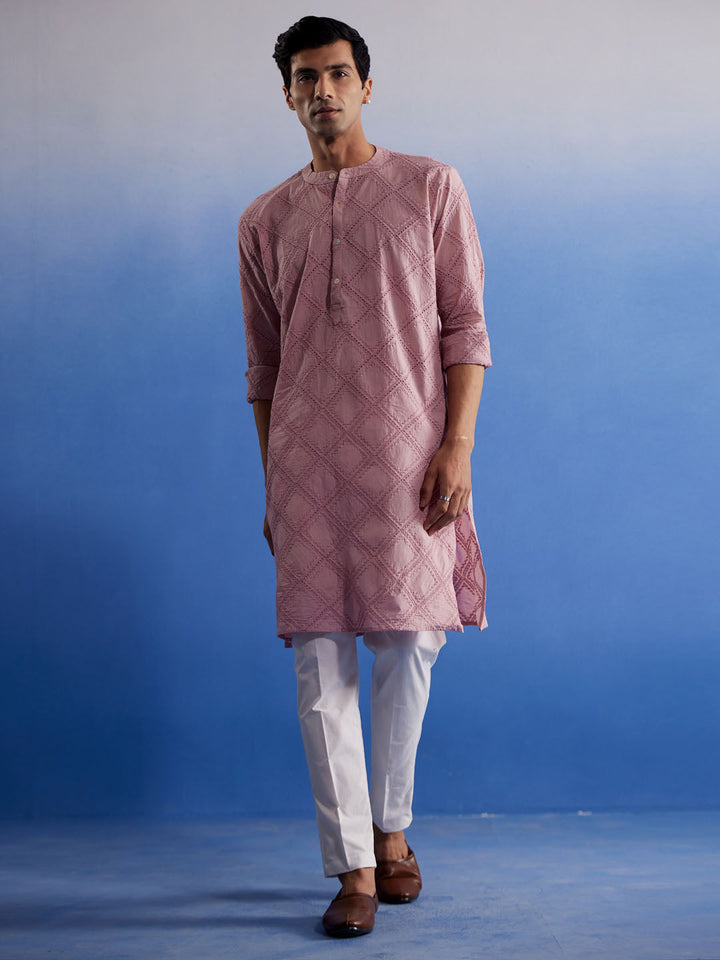 Sarvati Men's Pink Hakooba Cotton Kurta With White Pant