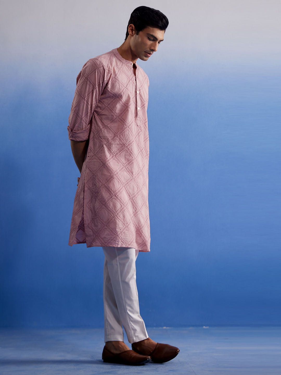 Sarvati Men's Pink Hakooba Cotton Kurta With White Pant