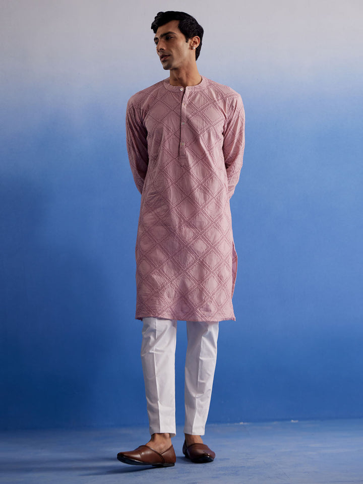 Sarvati Men's Pink Hakooba Cotton Kurta With White Pant