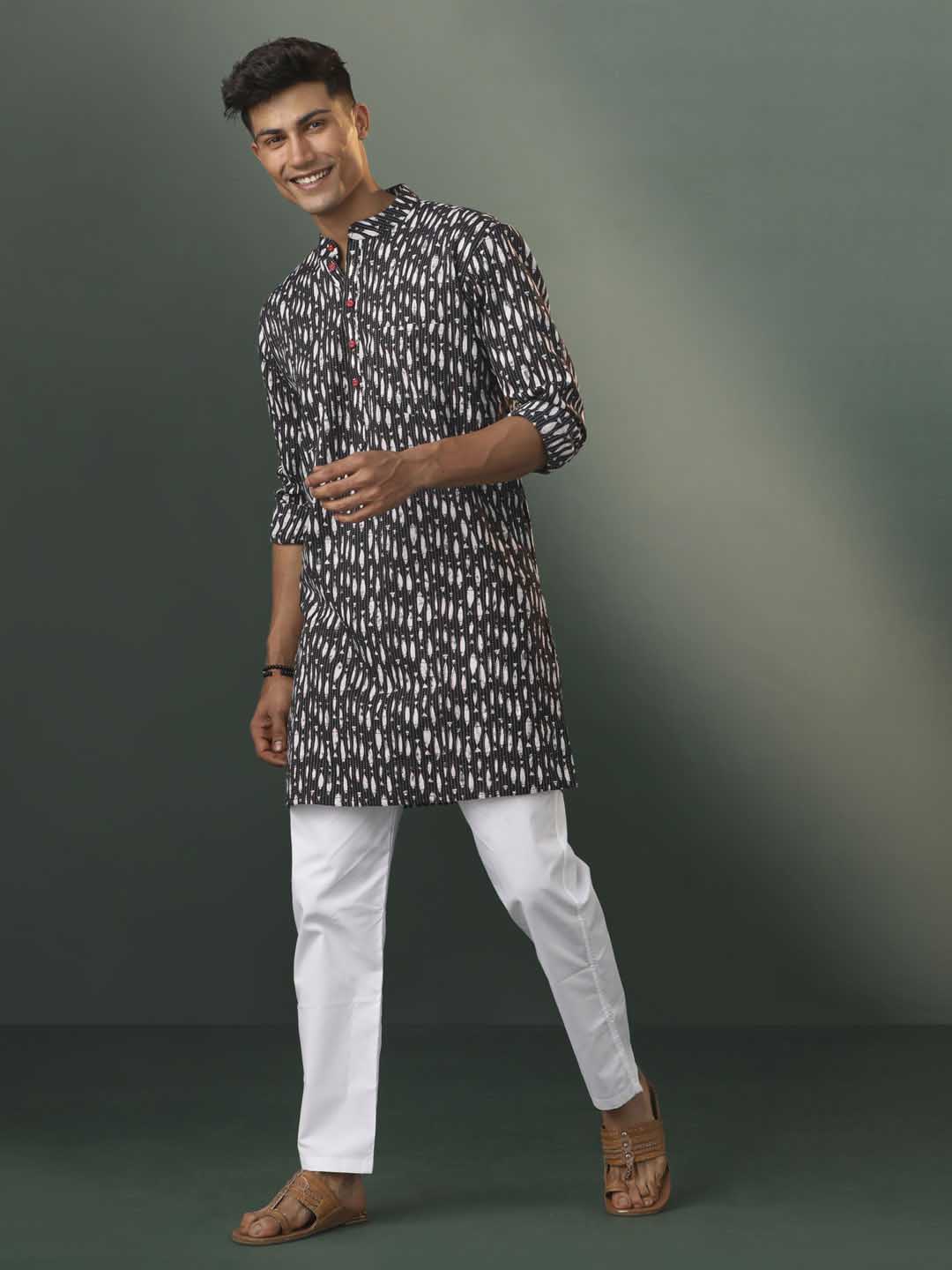 Sarvati Men's Black Thread Work Printed Cotton Kurta Pyjama Set