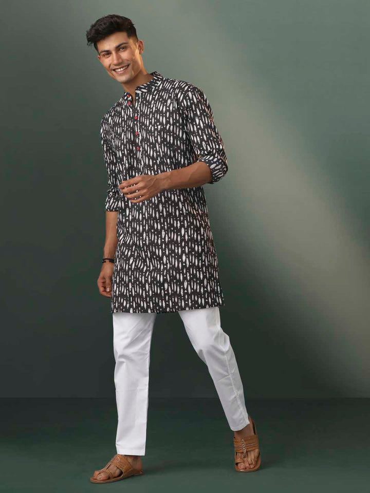 Sarvati Men's Black Thread Work Printed Cotton Kurta Pyjama Set