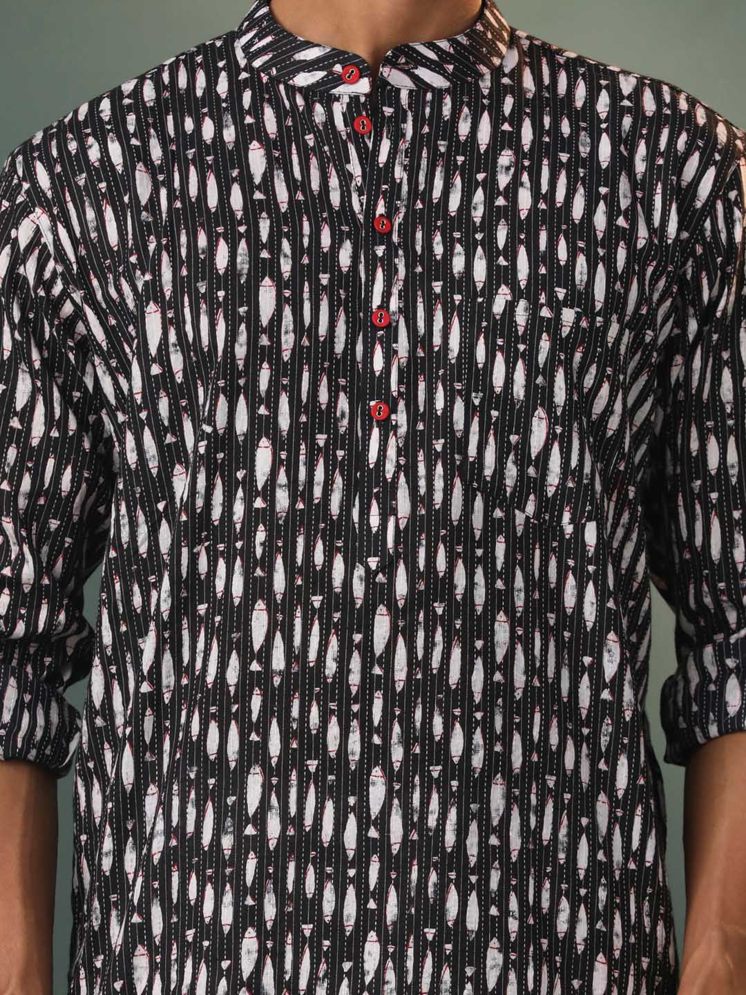 Sarvati Men's Black Thread Work Printed Cotton Kurta Pyjama Set