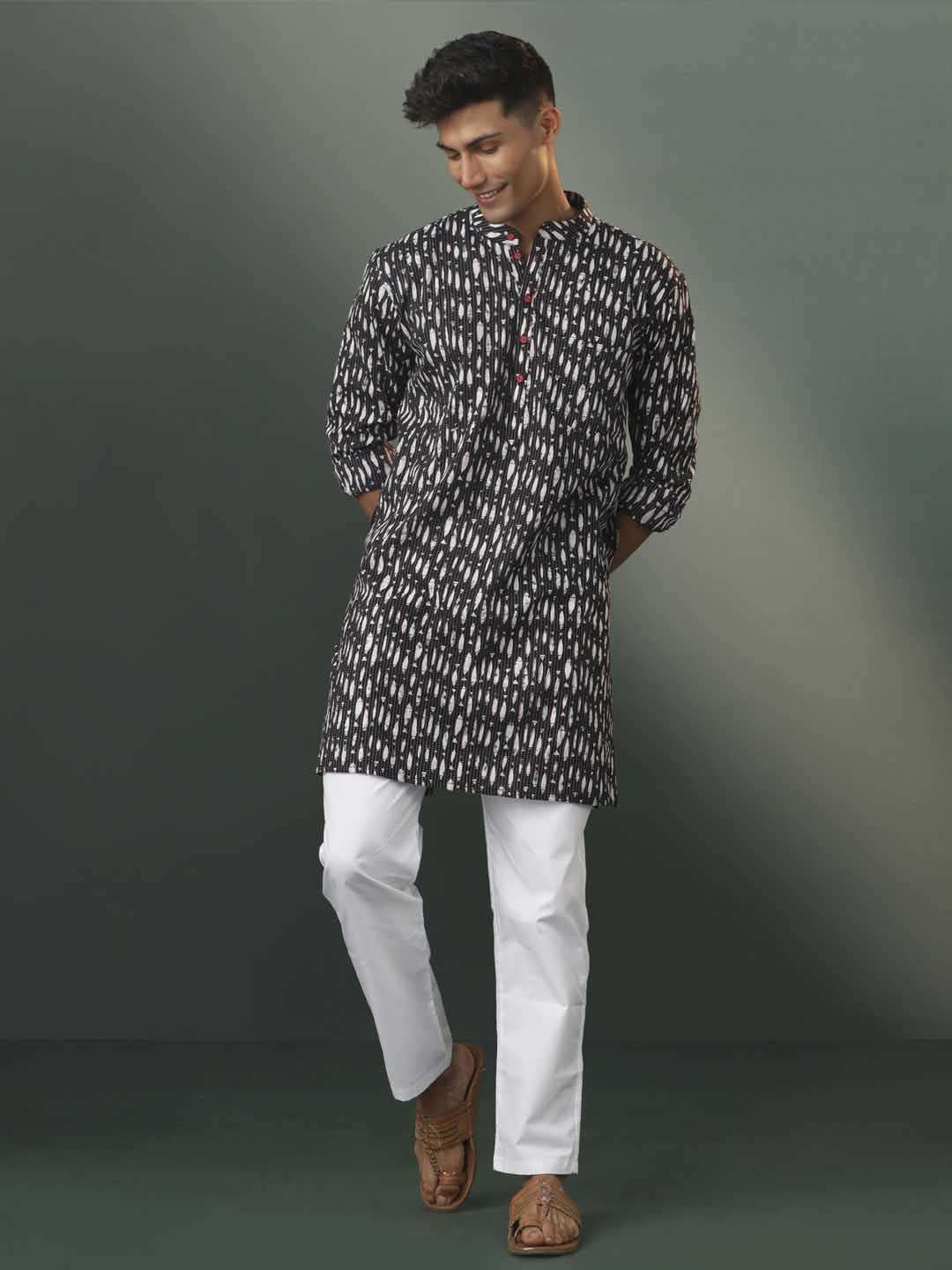 Sarvati Men's Black Thread Work Printed Cotton Kurta Pyjama Set