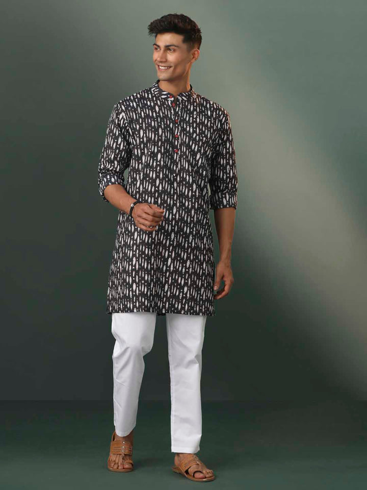 Sarvati Men's Black Thread Work Printed Cotton Kurta Pyjama Set