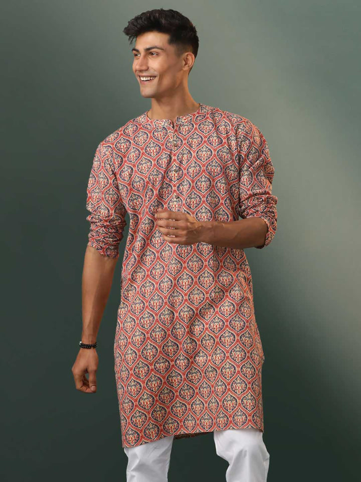 Sarvati Men's Multi Color Base Red Ajrakh Printed Kurta