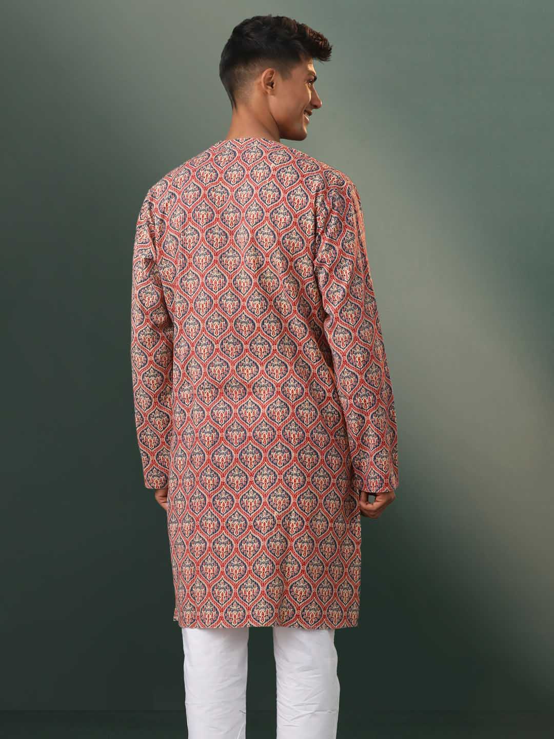 Sarvati Men's Multi Color Base Red Ajrakh Printed Kurta