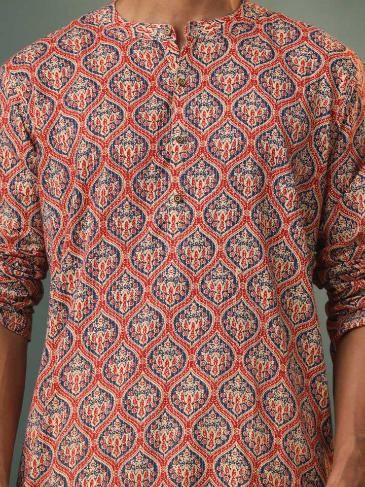 Sarvati Men's Multi Color Base Red Ajrakh Printed Kurta