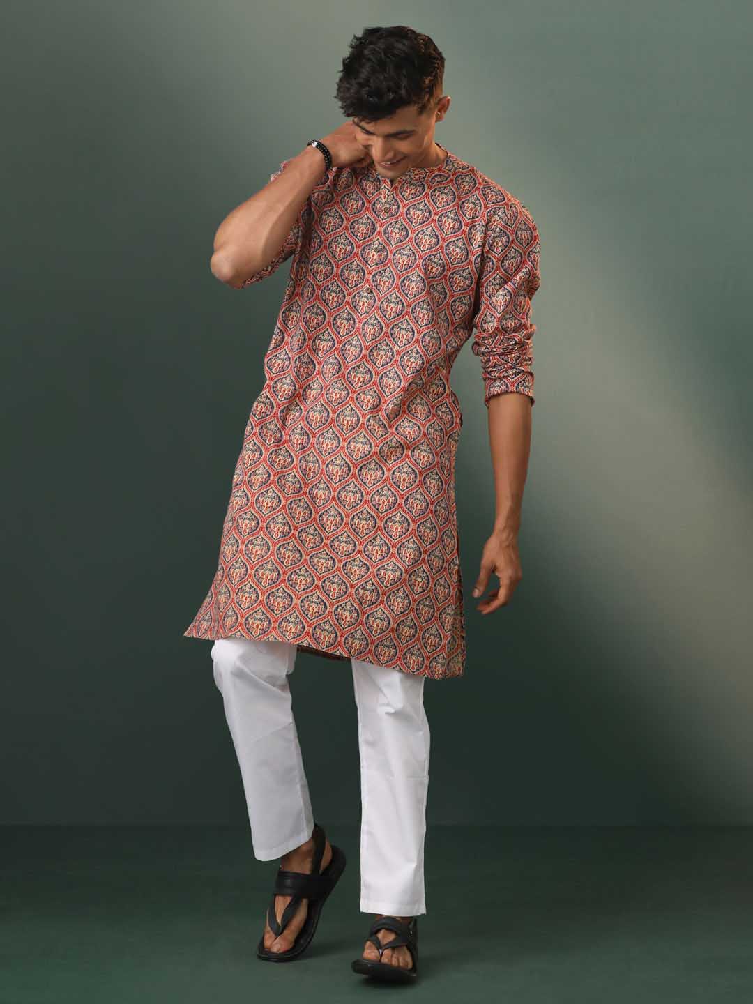 Sarvati Men's Multi Color Base Red Ajrakh Printed Kurta