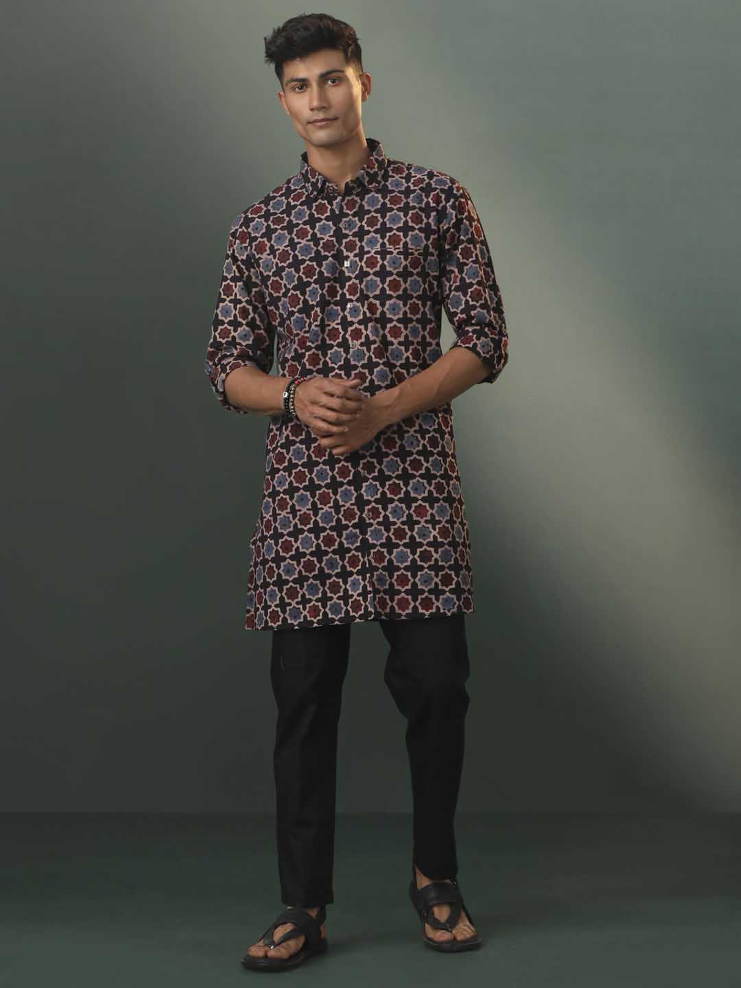 Sarvati Men's Multi Color Base Black Ajrakh Printed Cotton Kurta Pyjama Set