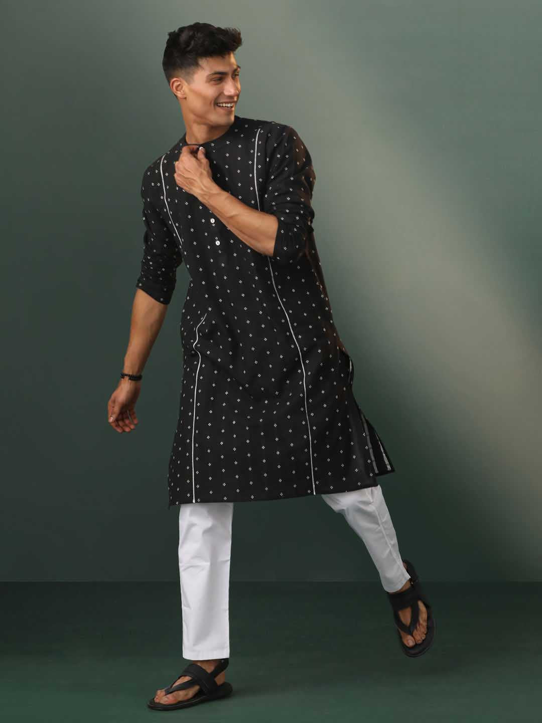 Sarvati Men's Black Jacquard Cotton Kurta Pyjama Set