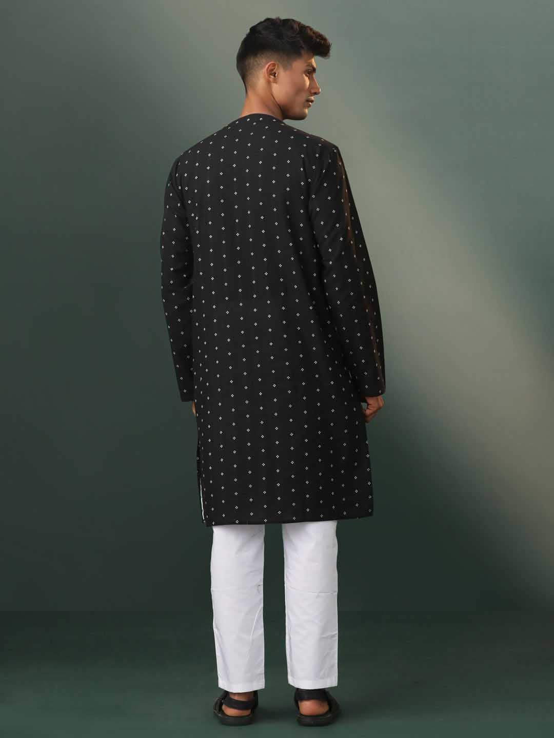 Sarvati Men's Black Jacquard Cotton Kurta Pyjama Set