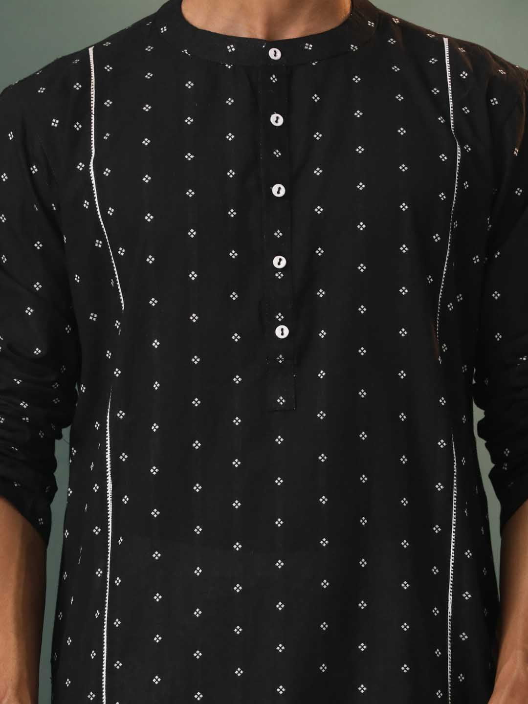 Sarvati Men's Black Jacquard Cotton Kurta Pyjama Set