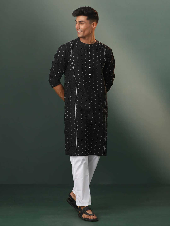 Sarvati Men's Black Jacquard Cotton Kurta Pyjama Set