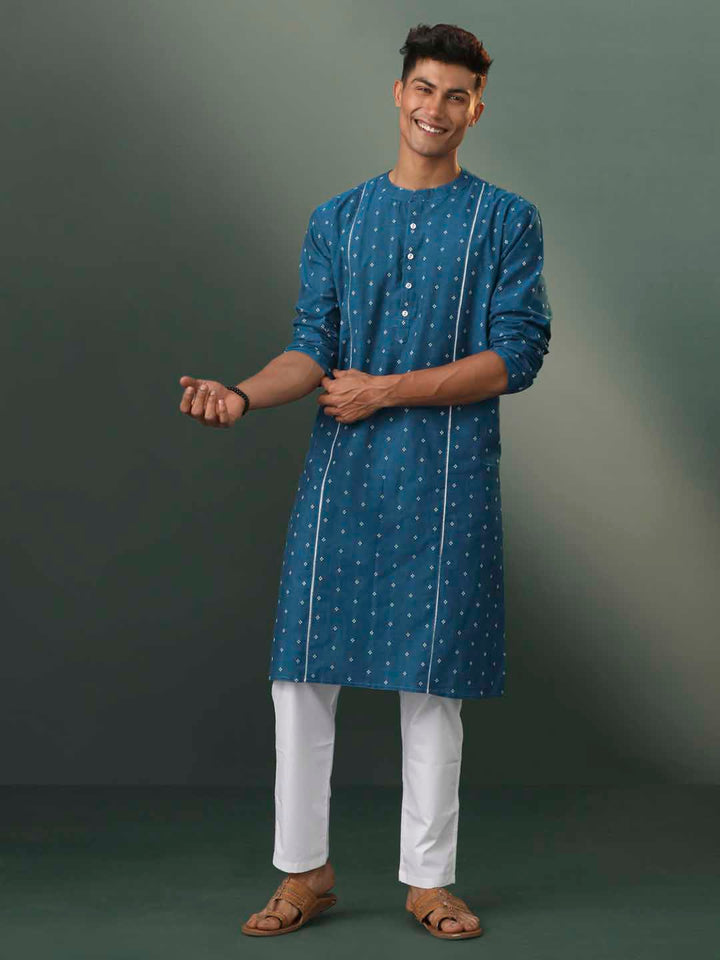 Sarvati Men's Turquoise Blue Jacquard Cotton Kurta Pyjama Set