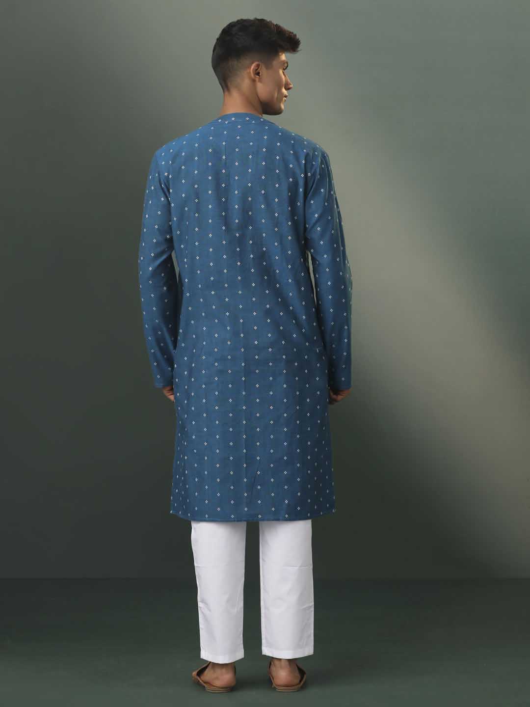 Sarvati Men's Turquoise Blue Jacquard Cotton Kurta Pyjama Set