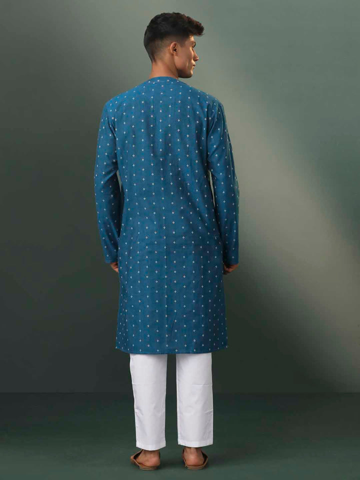 Sarvati Men's Turquoise Blue Jacquard Cotton Kurta Pyjama Set