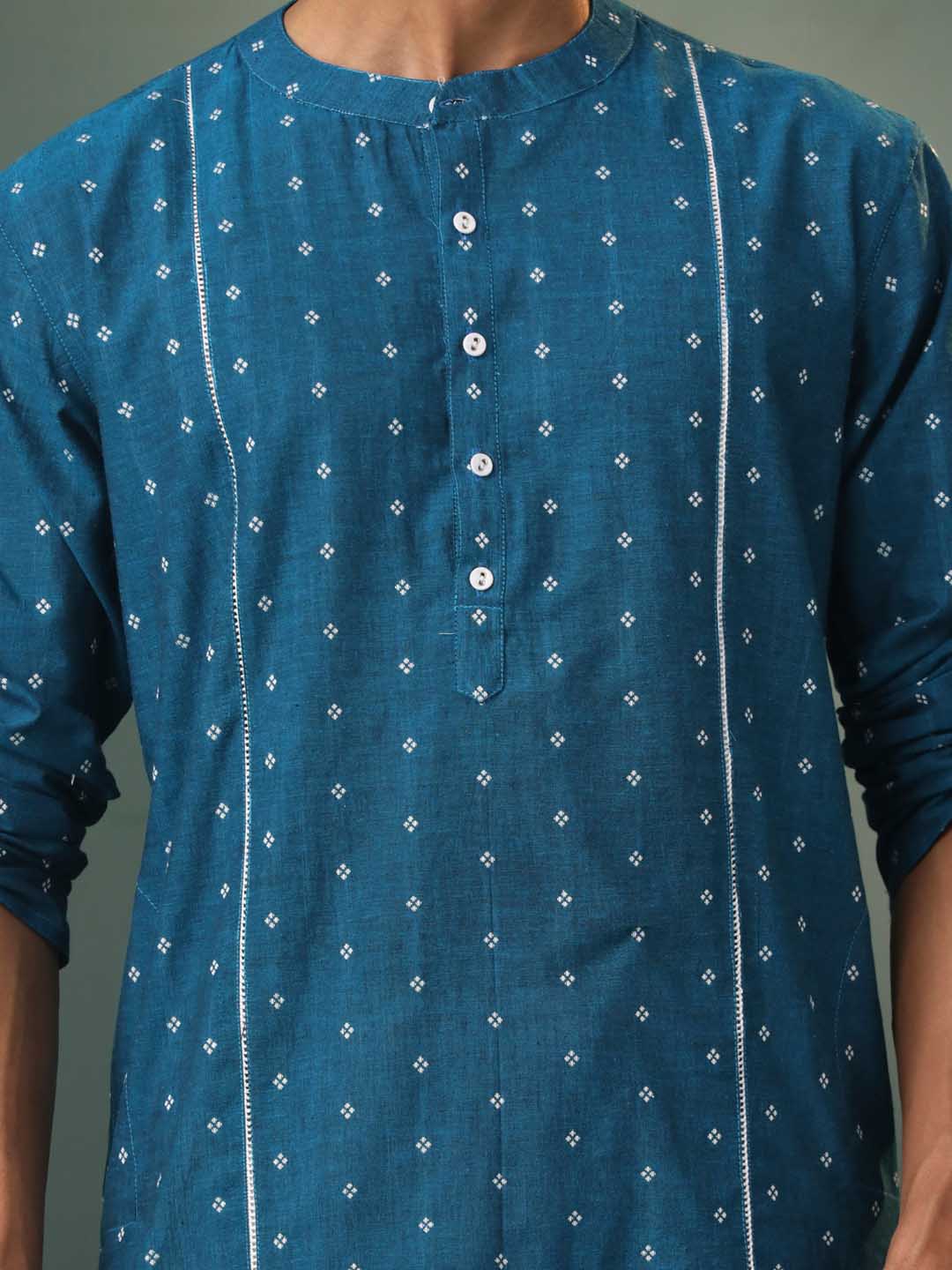 Sarvati Men's Turquoise Blue Jacquard Cotton Kurta Pyjama Set