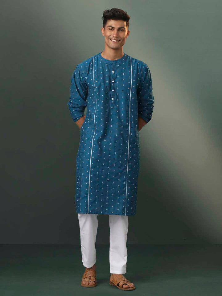 Sarvati Men's Turquoise Blue Jacquard Cotton Kurta Pyjama Set