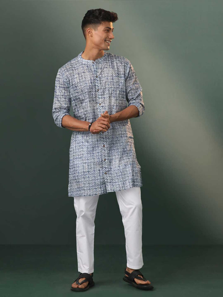 Sarvati Men's Blue And White Cotton Kurta Pyjama Set